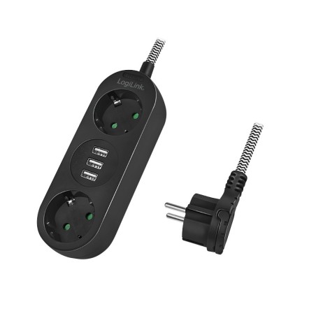 PRELUNGITOR LOGILINK, Schuko x 2, conectare prin Schuko (T), USB x 3, cablu 1.5 m, 16 A, fara protectie, negru, "LPS262U" (timbr