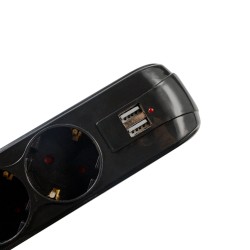 PRELUNGITOR SPACER, Schuko x 5, conectare prin Schuko (T), USB x 2, cablu 4.5 m, 16 A, max. 3500W, protectie supratensiune, Negr