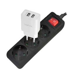 PRELUNGITOR LOGILINK, Schuko x 3, cablu 3G 1.5mm2, 230 V/16 A, 50 Hz, max. 3500 W, buton intrerupator iluminat, IP20, 1.4m, negr