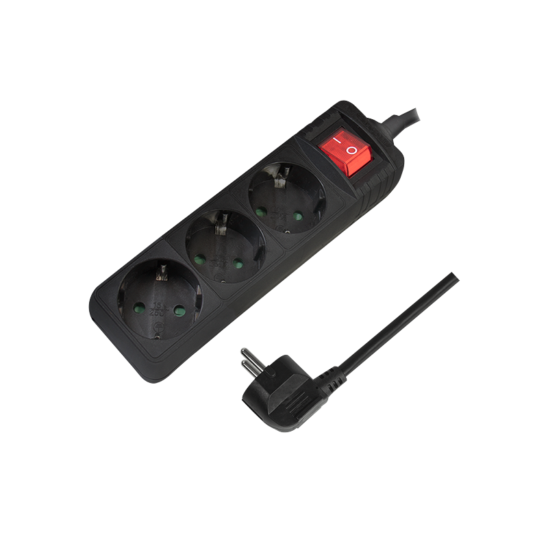 PRELUNGITOR LOGILINK, Schuko x 3, cablu 3G 1.5mm2, 230 V/16 A, 50 Hz, max. 3500 W, buton intrerupator iluminat, IP20, 1.4m, negr