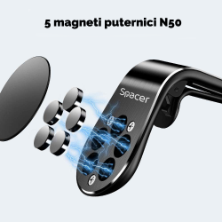 SUPORT auto SPACER pt. SmartPhone, fixare in grilaj bord, prindere magnetica telefon 360 grade, black, "SPT-MGN"
