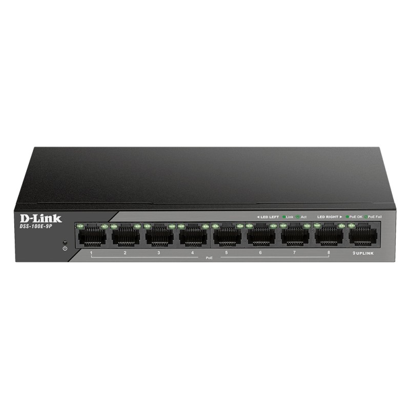 SWITCH PoE D-LINK Unmanaged 8 porturi 10/100Mbps (8 PoE) + 1 x Gigabit Uplink, carcasa metalica, "DSS-100E-9P"(timbru verde 2 le