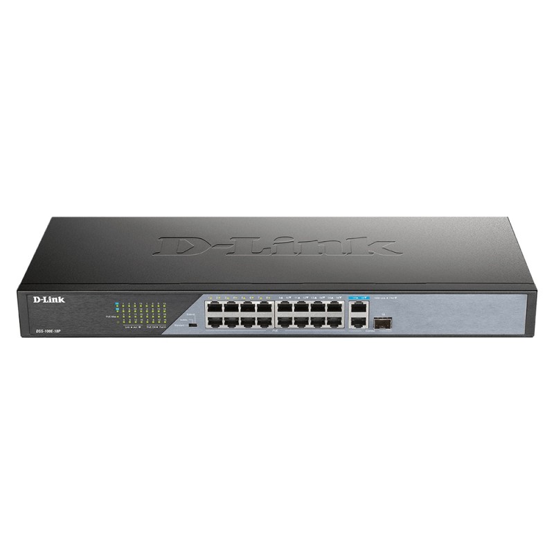 SWITCH PoE D-LINK Unmanaged 16 porturi 10/100Mbps (8 PoE) + 1 x Gigabit Uplink + 1 x SFP, carcasa metalica, "DSS-100E-18P" (timb