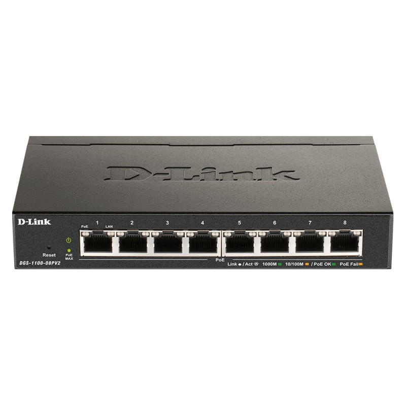 SWITCH PoE D-LINK Smart  8 porturi  Gigabit (8 PoE)  IEEE 802.3af, carcasa metalica, "DGS-1100-08PV2" (timbru verde 2 lei)