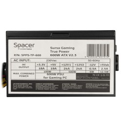 SURSA SPACER True Power TP600 (600W for 600W GAMING PC), PFC activ, fan 120mm, MB (20+4) x1, CPU (4+4) x1, PCI-E (6+2) x2, SATA 