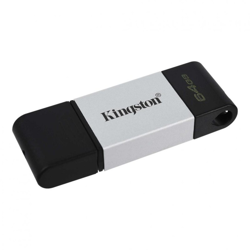 MEMORIE USB Type-C KINGSTON 64 GB, cu capac, carcasa metalic &amp; plastic, negru / argintiu, "DT80/64GB" (timbru verde 0.03 lei