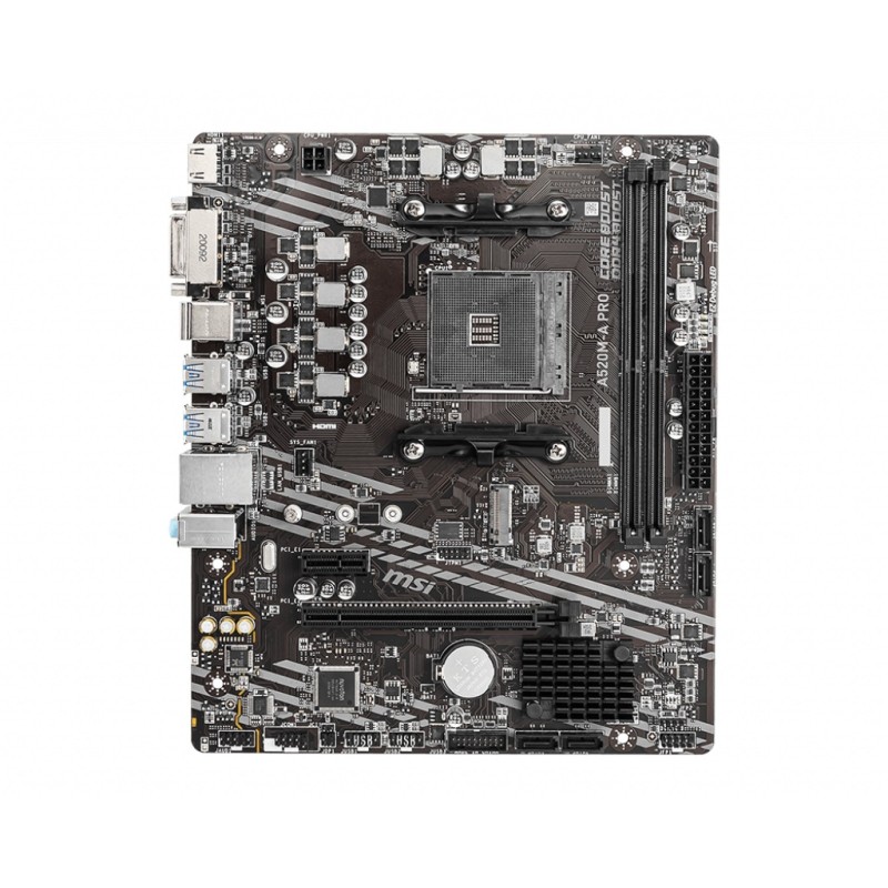 PLACA de BAZA MSI A520M, skt AM4, AMD A520, mATX, slot RAM 2 x DDR4, max 64 GB, 4x S-ATA 3, 1x M.2, 1x PCI-E, PCI-E3.0 x 16 x 1,