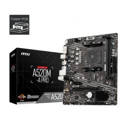PLACA de BAZA MSI A520M, skt AM4, AMD A520, mATX, slot RAM 2 x DDR4, max 64 GB, 4x S-ATA 3, 1x M.2, 1x PCI-E, PCI-E3.0 x 16 x 1,
