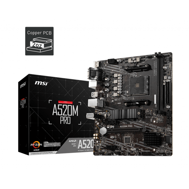 PLACA de BAZA MSI "A520M PRO", skt AM4, mATX, AMD A520, 2 x DDR4, max. 64 GB, 4 x SATA, 1 x M.2, 7.1, "A520M PRO"