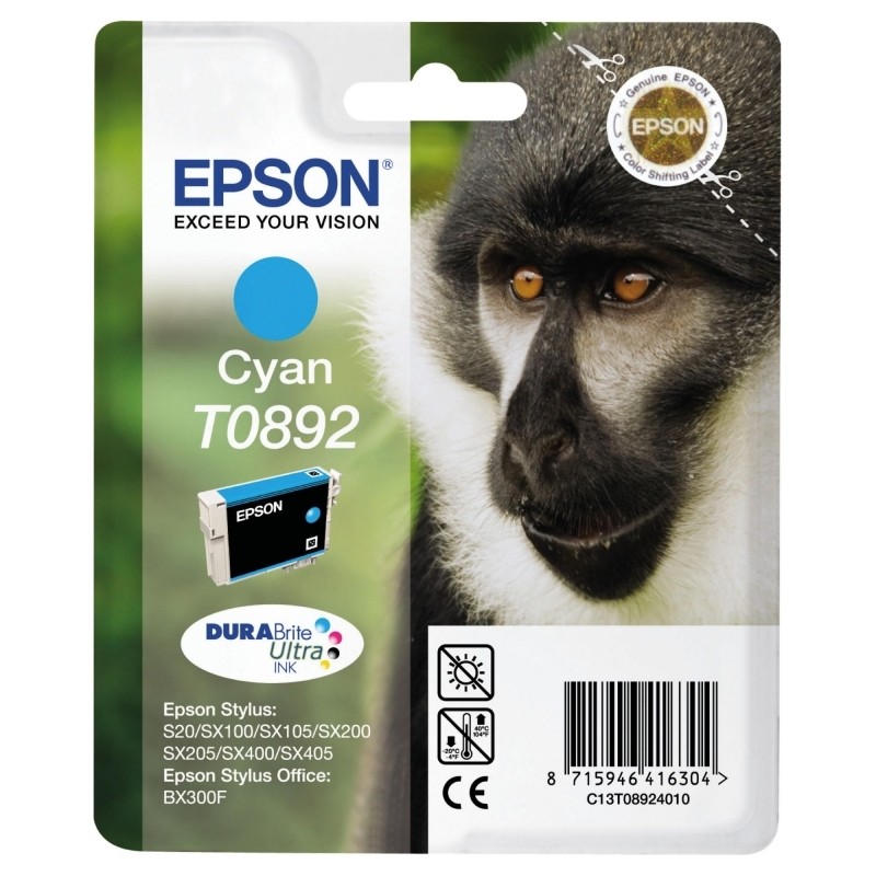 Cartus Cerneala Original Epson Cyan, T0892, pentru Stylus S20|SX100|SX105|SX200|SX205|SX400|SX405 Stylus Office BX300F,  , (timb