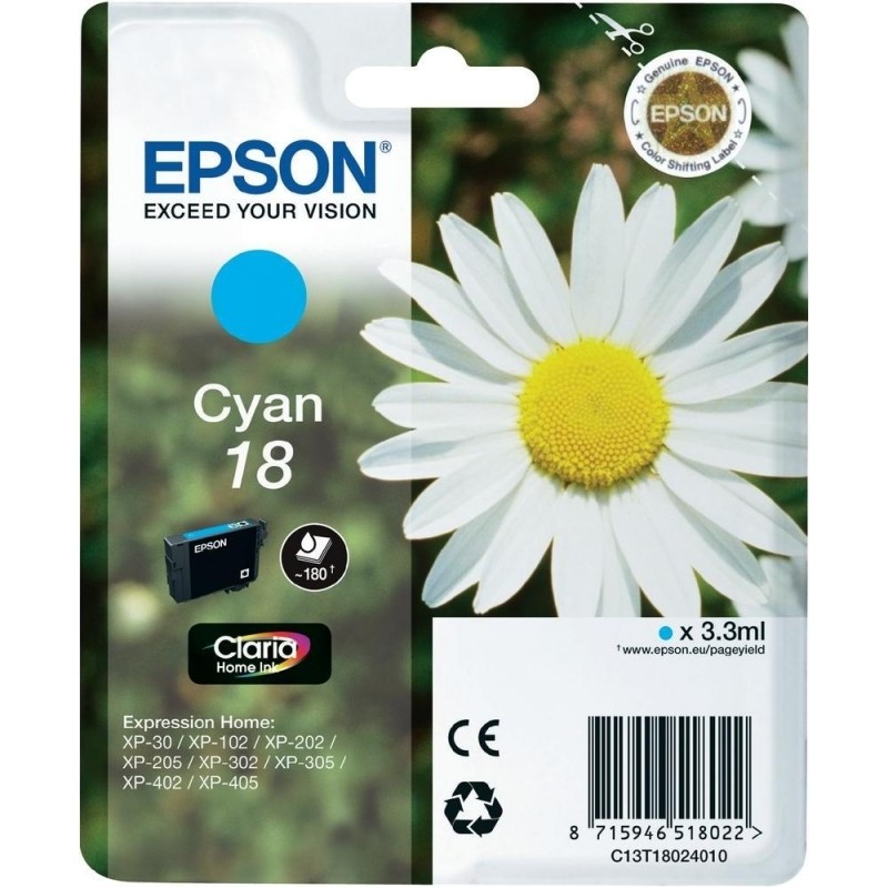 Cartus Cerneala Original Epson Cyan, T1802, pentru XP102|202|205|302|305|402|405, , (timbru verde 0.15 lei),  "C13T18024010"