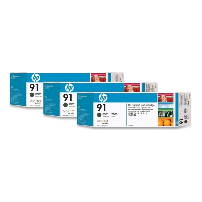 Tri-Pack Original HP Matte Black, nr.91, pentru DesignJet Z6100, 3x775ml, (timbru verde 0.45 lei), "C9480A"