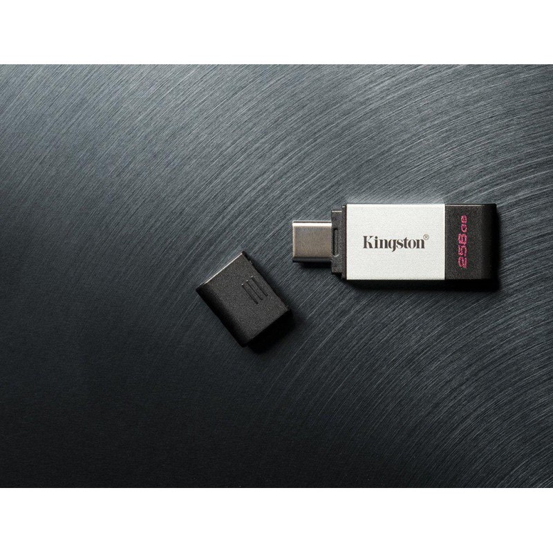 MEMORIE USB 3.2 Type-C KINGSTON 256 GB, cu capac, carcasa metalic &amp; plastic, negru / argintiu, "DT80/256GB" (timbru verde 0.