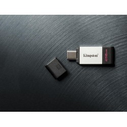 MEMORIE USB 3.2 Type-C KINGSTON 256 GB, cu capac, carcasa metalic &amp; plastic, negru / argintiu, "DT80/256GB" (timbru verde 0.