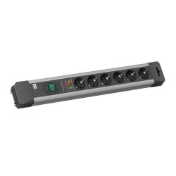 PRELUNGITOR Bachmann, Schuko x 6, conectare prin Schuko (T), cablu 2 m, protectie supratensiune, negru | argintiu, "330.104R" (t