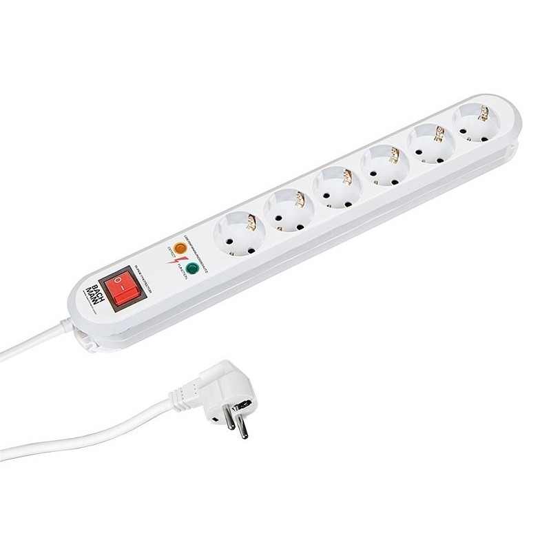 PRELUNGITOR Bachmann, Schuko x 6, conectare prin Schuko (T), cablu 1.5 m, 16 A, protectie supratensiune, alb, "381.2501K" (timbr