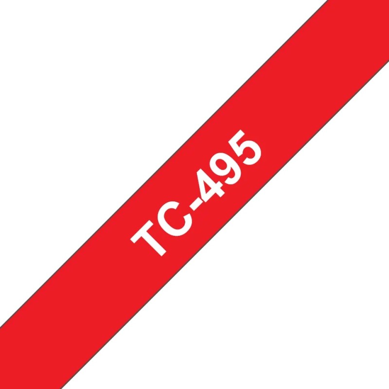 Banda laminata Original Brother White on Red, TC495, pentru E105|E110|H100|H101|H105|H110|H111|P300|128|200|1000|1010|1090|1100|