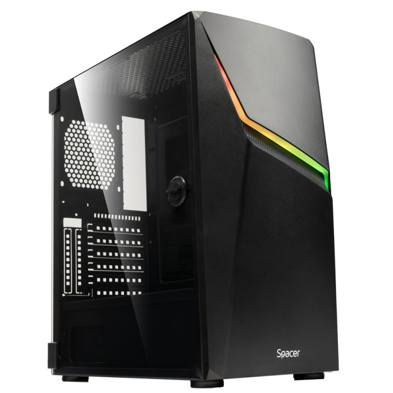 CARCASA  SPACER - gaming, Middle Tower, ATX, "THUNDER", fara sursa, usa sticla securizata (balama), banda LED RGB, USB 2.0 x 2, 