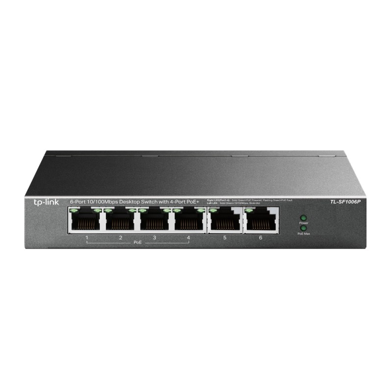 SWITCH PoE TP-LINK  6 porturi 10/100Mbps (4 PoE+), IEEE 802.3af/at, carcasa metalica "TL-SF1006P" (timbru verde 2 lei)