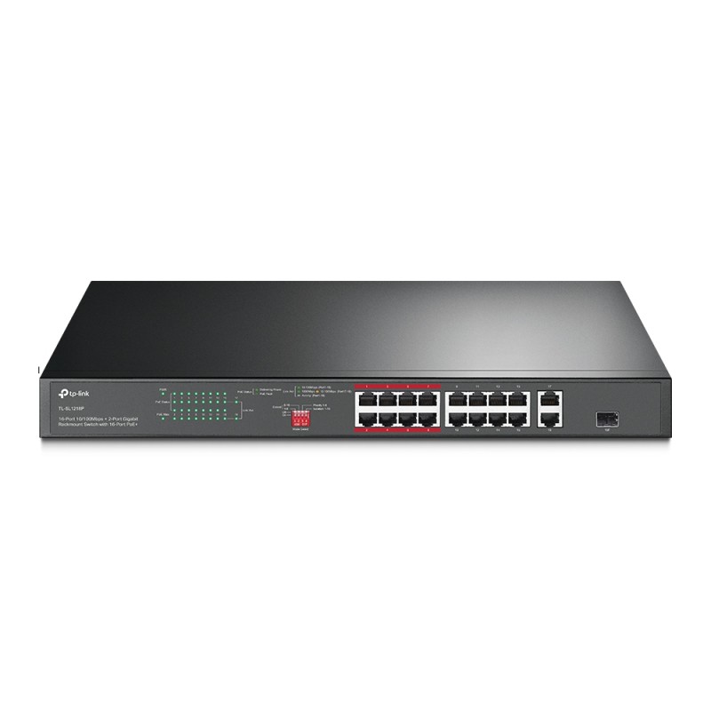 SWITCH TP-LINK  16 porturi, 16× PoE+ 10/100 Mbps RJ45, 2× Gigabit RJ45,1 x combo Gigabit SFP slot, carcasa metal "TL-SL1218P" (t