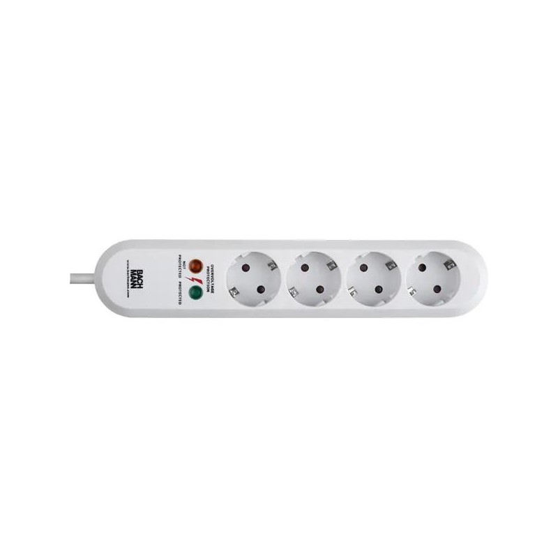 PRELUNGITOR Bachmann, Schuko x 4, conectare prin Schuko (T), cablu 1.5 m, protectie supratensiune, alb, "B381.2212K" (timbru ver