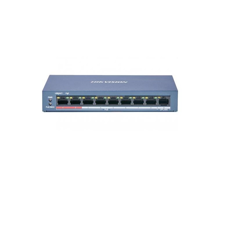 SWITCH. PoE Hikvision, port 10/100 x 8, carcasa metalica, "DS-3E0109P-E/M(B)" (timbru verde 2 lei)
