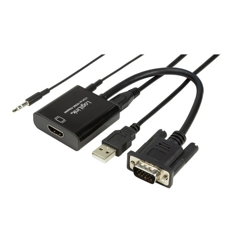 CABLU video LOGILINK,adaptor VGA(T)+Jack 3.5mm(T) la HDMI(M),15cm,rezolutie Full HD(1920x1080)60Hz,conecteaza placa video cu VGA