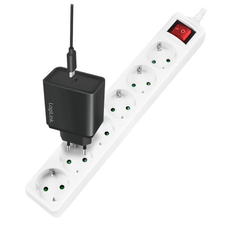 PRELUNGITOR LOGILINK, Schuko x 6, cablu 3G 1.5mm2, 230 V/16 A, 50 Hz, max. 3500 W, buton intrerupator iluminat, IP20, 1.5m, alb,