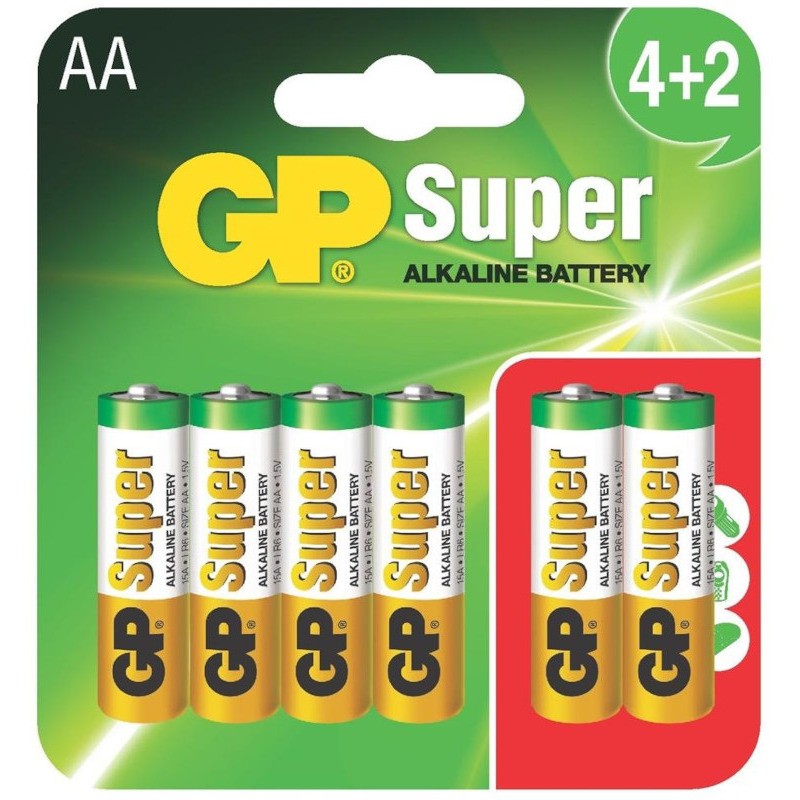 Baterie GP Batteries, Super Alcalina AA (LR6) 1.5V alcalina, blister 6 buc. "GP15A4/2-2UE6" "GPPCA15AS072" - 333581 (timbru verd