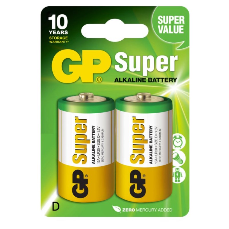 Baterie GP Batteries, Super Alcalina D (LR20) 1.5V alcalina, blister 2 buc. "GP13A-2UE2" "GPPCA13AS005" - 17154 (timbru verde 0.