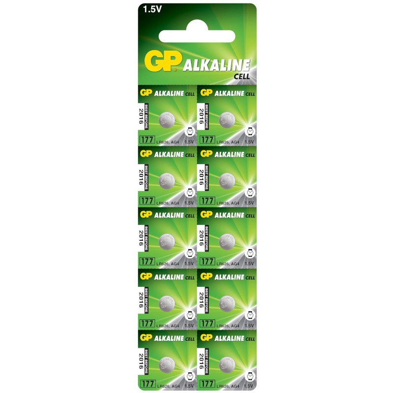 Baterie GP Batteries, butoni (AG4/LR66) 1.5V alcalina, blister 10 buc. "GP177F-2C10" "GPPBA177F004" (timbru verde 0.1 lei)
