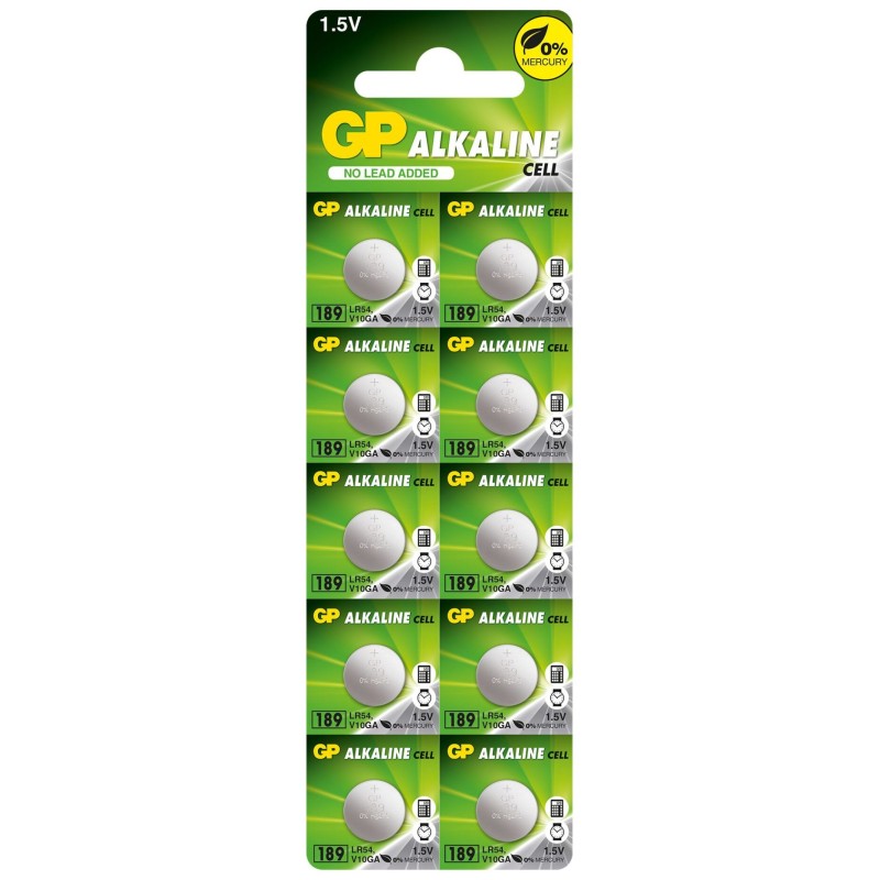 Baterie GP Batteries, butoni (AG10/LR54) 1.5V alcalina, blister 10 buc. "GP189F-2C10" "GPPBA189F007" (timbru verde 0.1 lei)