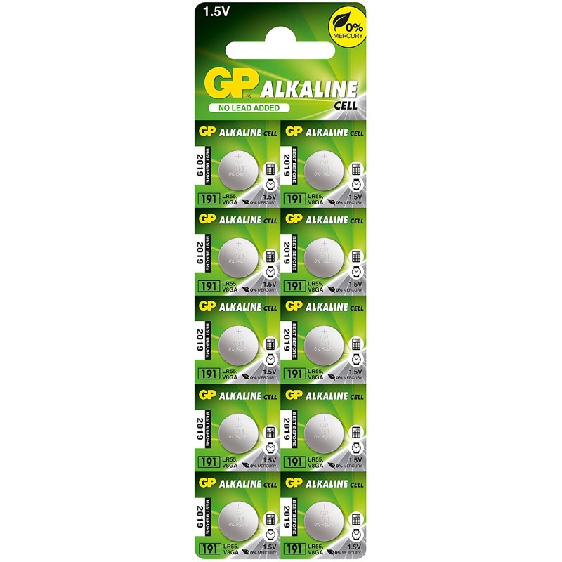Baterie GP Batteries, butoni (AG8/LR55) 1.5V alcalina, blister 10 buc. "GP191F-2C10" "GPPBA191F004" - 645264 (timbru verde 0.1 l