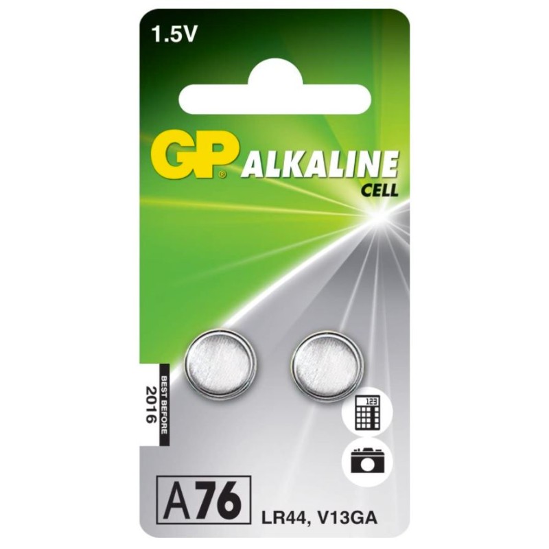 Baterie GP Batteries, butoni (AG13/LR44) 1.5V alcalina, blister 2 buc.  "GPA76F-2C2" "GPPBAA76F002" - 945241 (timbru verde 0.1 l