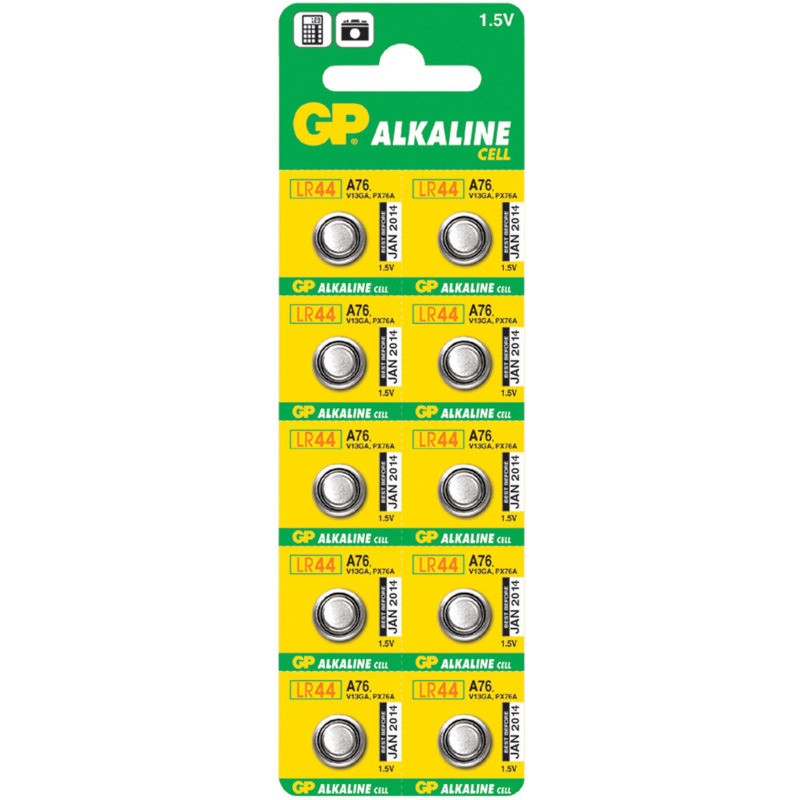 Baterie GP Batteries, butoni (AG13/LR44) 1.5V alcalina, blister 10 buc. "GPA76F-2C10" "GPPBAA76F012" - 306305 (timbru verde 0.1 