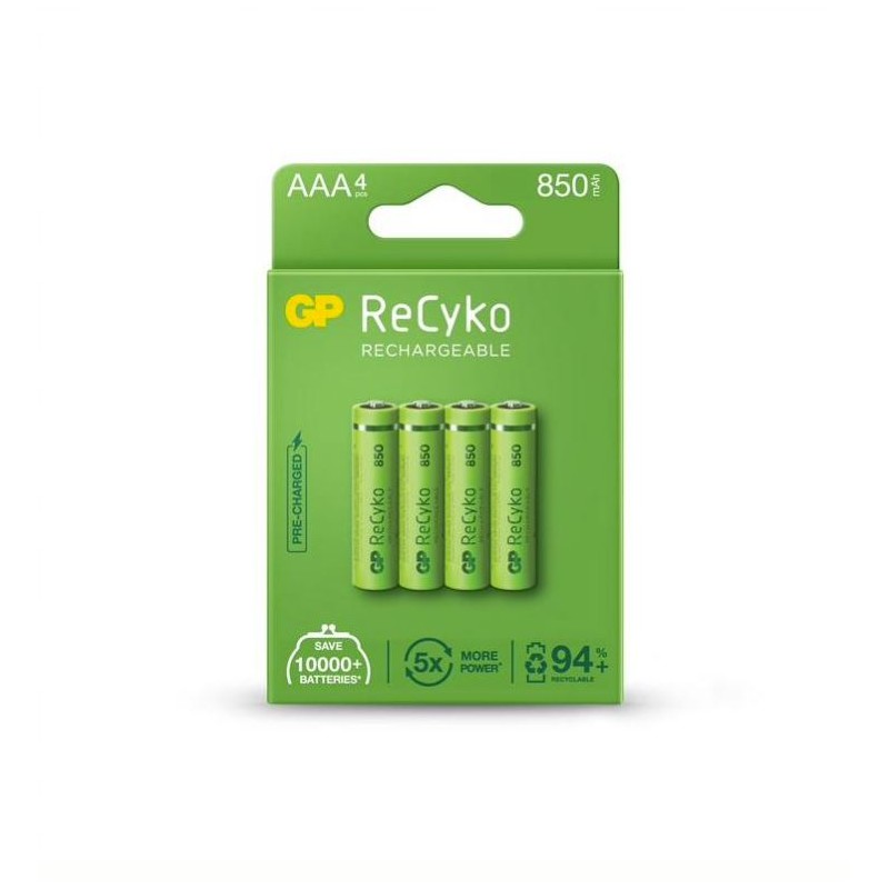 Acumulatori GP Batteries, ReCyco 850mAh AAA (LR03) 1.2V NiMH, paper box 4 buc. 85AAAHCE-EB4, "GPRHCH83E016" (timbru verde 0.32 l