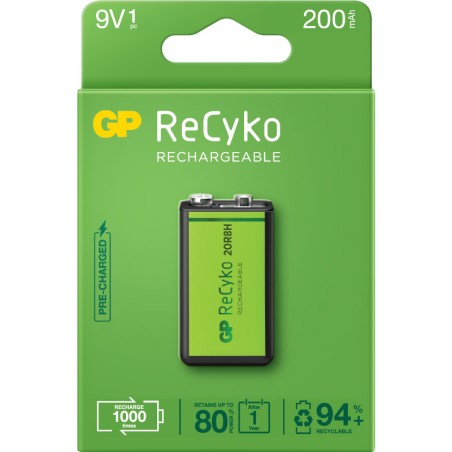 Acumulatori GP Batteries, ReCyco 200mAh 9V NiMH, paper box 1 buc. 20R8H-EB1, "GP20R8H-2EB1" "GPRHV208R075" (timbru verde 0.08  l