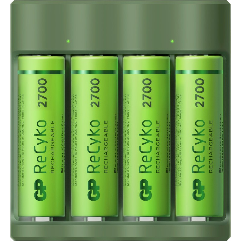 Incarcator GP Batteries, ReCyko compatibil NiMH (AA/AAA), include 4 x 2600 mAh AA (R6), wall charger, 2 LED-uri indicare incarca
