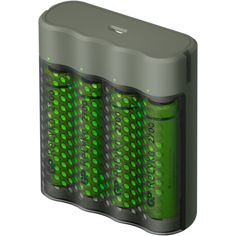 Incarcator GP Batteries, Recyko compatibil NiMH (AA/AAA), include 4 x 2700 mAh AA (R6), incarcare USB, 4 LED-uri indicare incarc