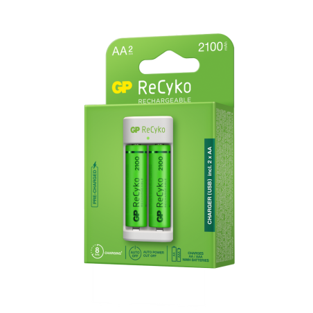 Incarcator GP Batteries, Recyko compatibil NiMH (AA/AAA), include 2 x 2100 mAh AA (R6), incarcare USB, 1 LED indicare incarcare,