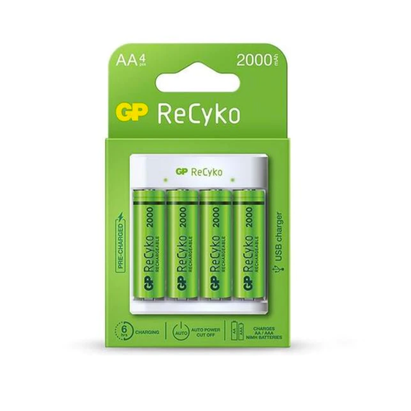 Incarcator GP Batteries, Recyko compatibil NiMH (AA/AAA), include 4 x 2100 mAh AA (R6), incarcare USB, 2 LED-uri indicare incarc