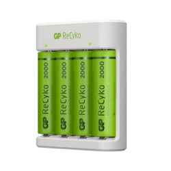 Incarcator GP Batteries, Recyko compatibil NiMH (AA/AAA), include 4 x 2100 mAh AA (R6), incarcare USB, 2 LED-uri indicare incarc