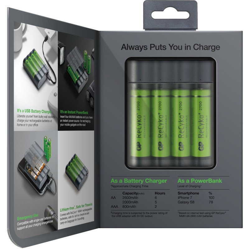 Incarcator GP Batteries, Recyko compatibil NiMH (AA/AAA), include 4 x 2700 mAh AA (R6), functie powerbank, incarcare USB, 6 LED-