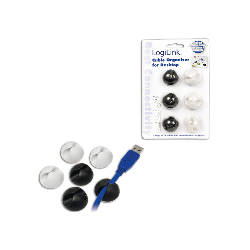 Set organizator cabluri Logilink, tip clip, 6 buc, negru/alb, autoadeziv "KAB0009"