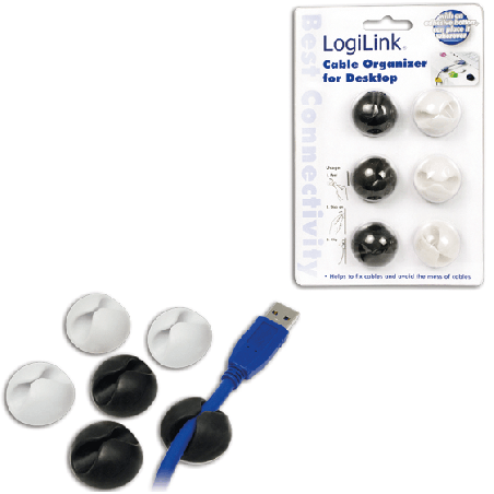 Set organizator cabluri Logilink, tip clip, 6 buc, negru/alb, autoadeziv "KAB0009"