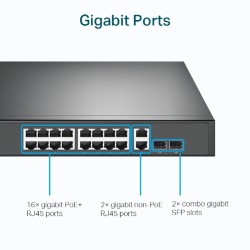 SWITCH TP-LINK  16 porturi Gigabit  POE+ 250W total power, 2× combo gigabit SFP, 2× gigabit non-PoE RJ45, carcasa metal "TL-SG12