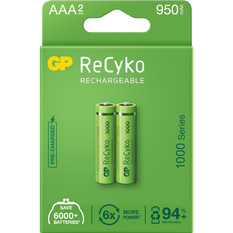 Acumulatori GP Batteries, ReCyko 1000mAh AAA (LR03) 1.2V NiMH, paper box 2 buc. "GP100AAAHCE-2EB2" "GPRHC103E000" (timbru verde 