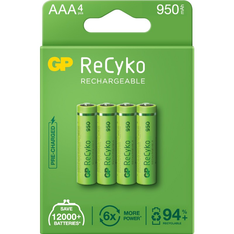 Acumulatori GP Batteries, ReCyko 1000mAh AAA (LR03) 1.2V NiMH, paper box 4 buc. "GP100AAAHCE-2EB4" "GPRHC103E001" (timbru verde 