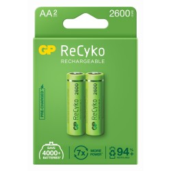 Acumulatori GP Batteries, ReCyko 2600mAh AA (LR6) 1.2V NiMH, paper box 2 buc. "GP270AAHCE-2EB2" "GPRHC272E000" (timbru verde 0.1
