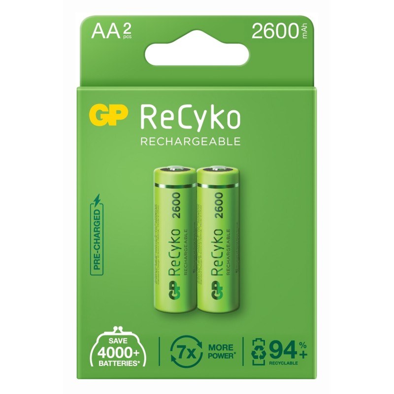 Acumulatori GP Batteries, ReCyko 2600mAh AA (LR6) 1.2V NiMH, paper box 2 buc. "GP270AAHCE-2EB2" "GPRHC272E000" (timbru verde 0.1